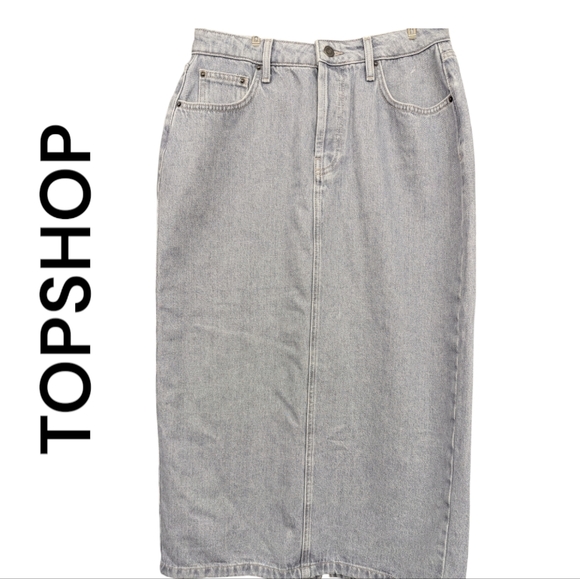 Topshop Gray Denim Maxi Midi Skirt | Women’s High Rise Jean Skirt Petite Size 8 - Picture 2 of 10